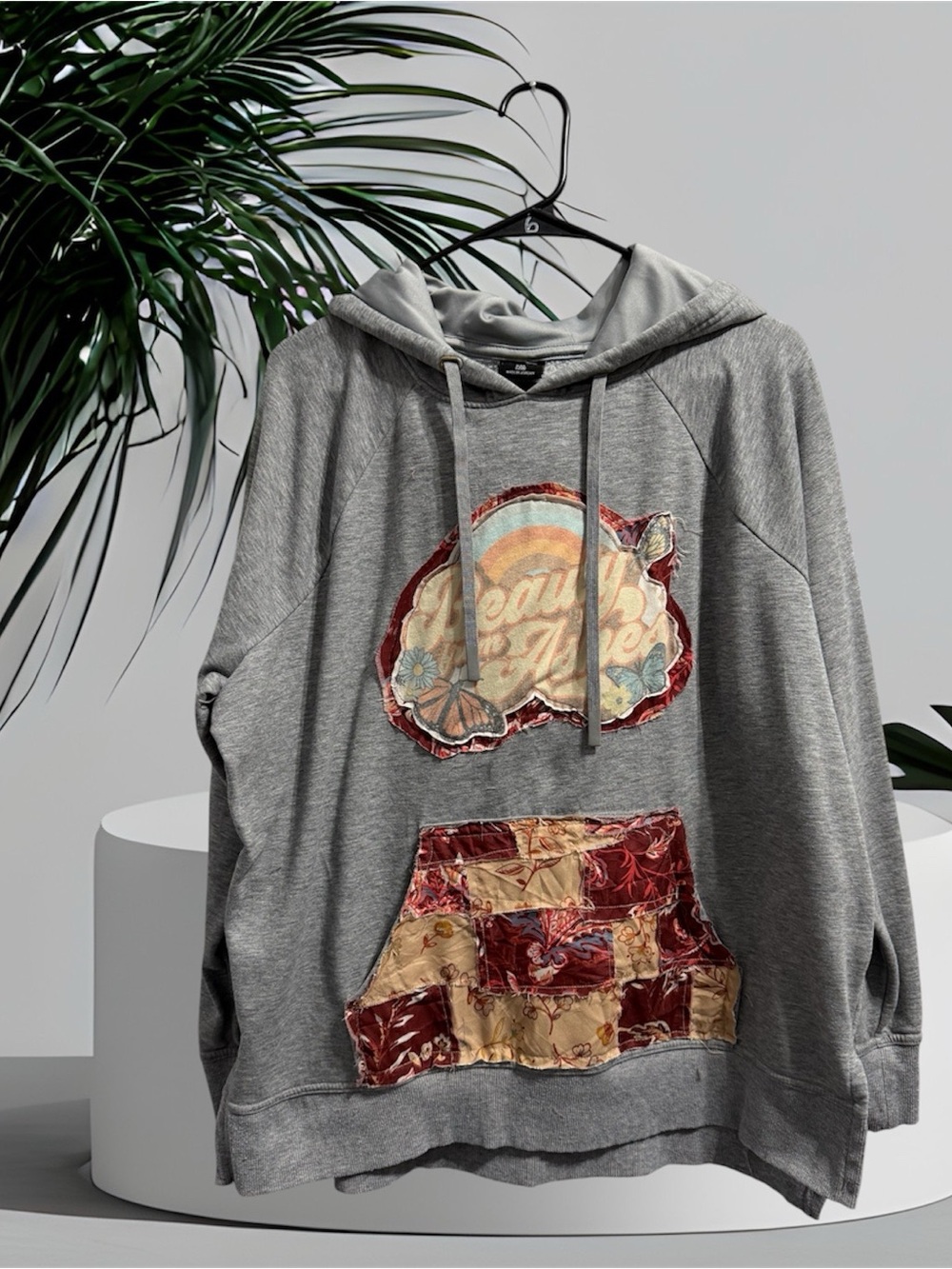 Athletic Works Custom Upcycled Grey Hoodie with Vintage Floral Patchwork XXL